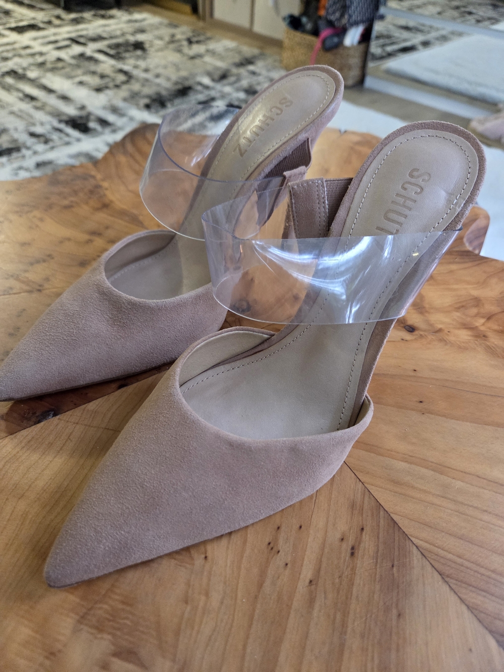 SCHUTZ Blush Pink Suede Pointed-Toe Mules with Clear Strap - Picture 4 of 5